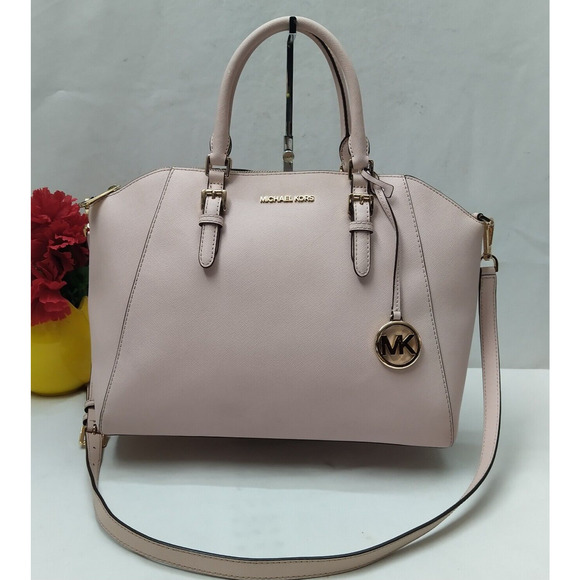 Michael Kors Ciara Pink Crossgrain Leather Zipper Double Handles Satchel Bag - Picture 1 of 16